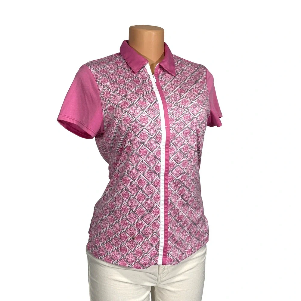 PGA Tour Womens Pink Geometric Tile Print Quarter‎ Zip Golf Polo Shirt Size M
